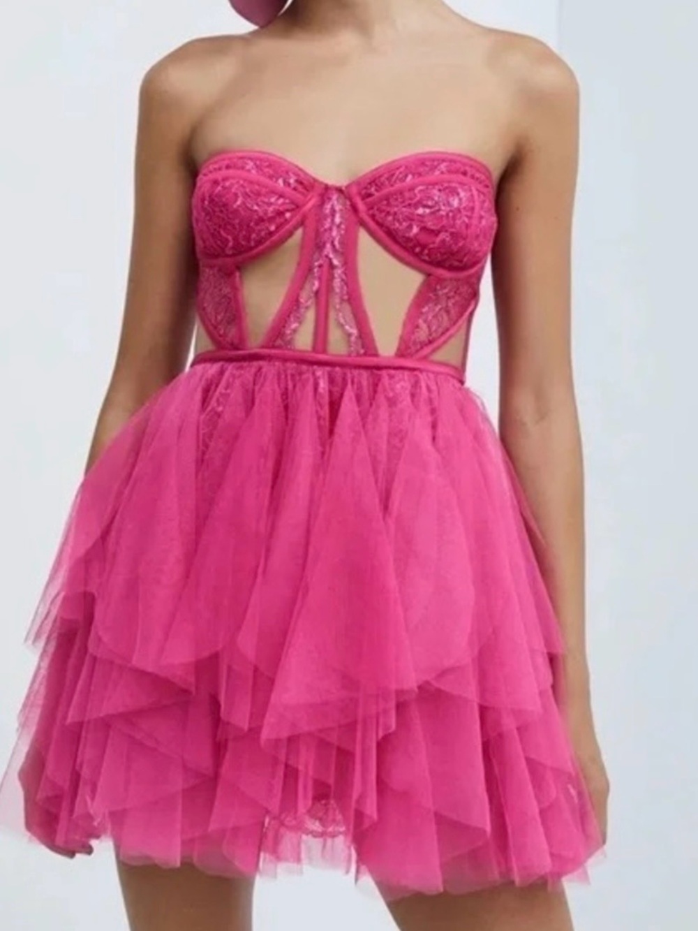 For Love & Lemons Rosario Bustier Hot Pink Tutu Mini Dress Small $322 RARE